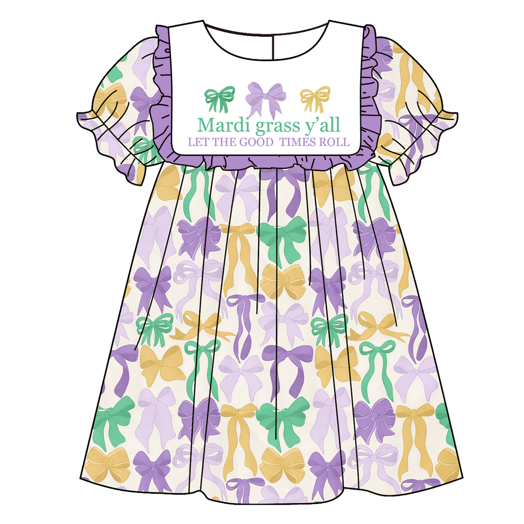 Mardi Gras themed embroidery bow printed sisters outfit
