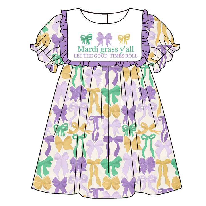 Mardi Gras themed embroidery bow printed sisters outfit