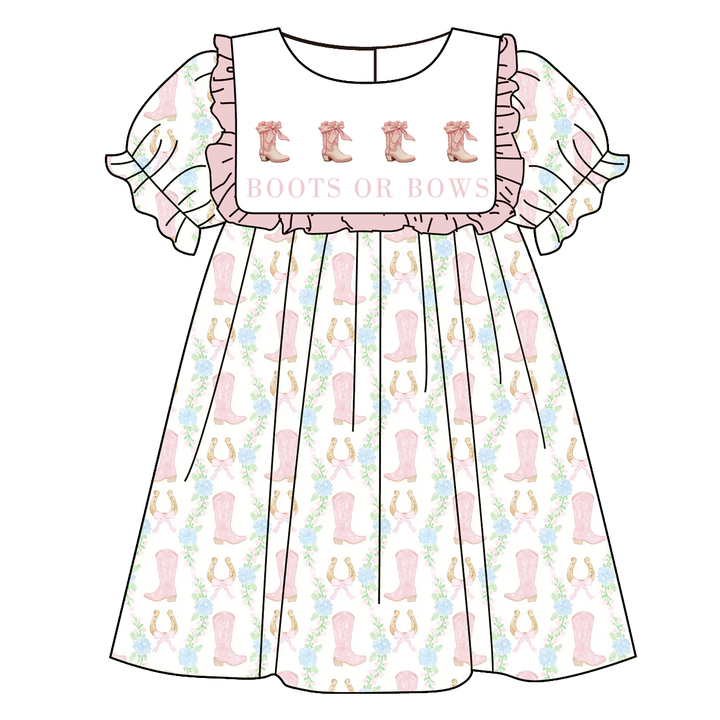 Girls’ Short-Sleeve Ruffle Dress with Boots&Bows embroidery