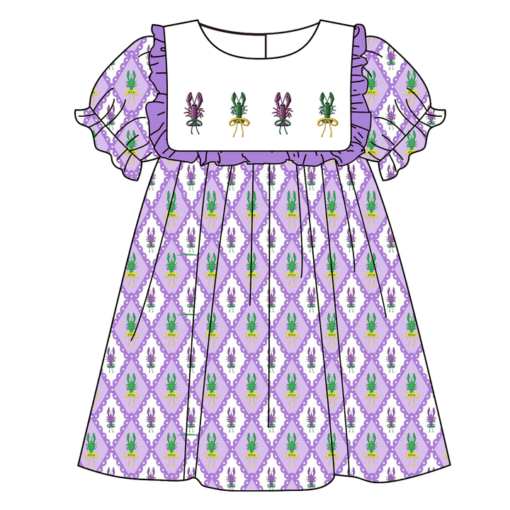 Mardi Gras themed embroidery purple diamond print sisters outfit
