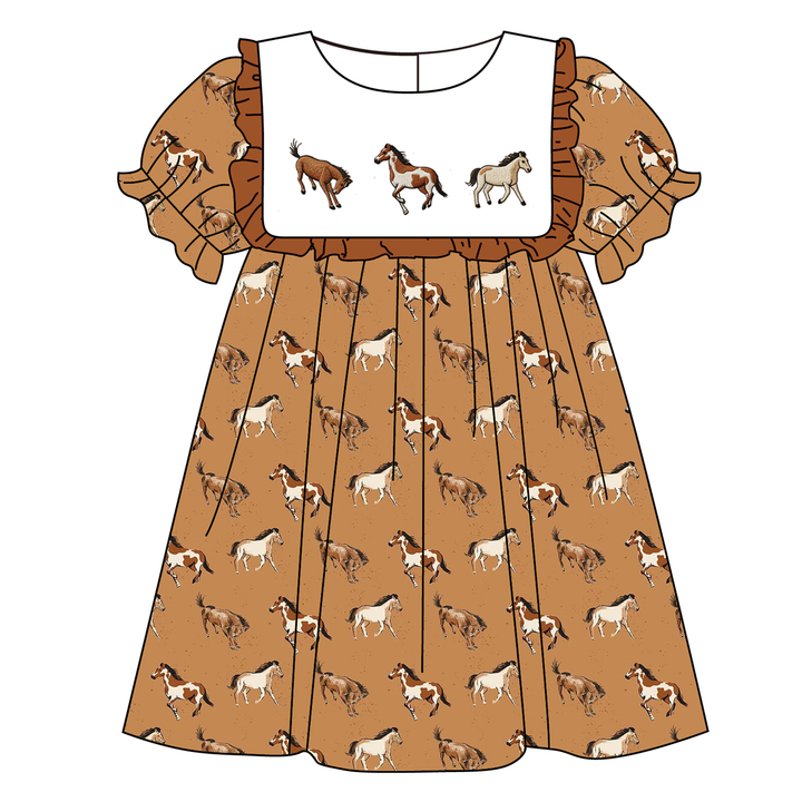 Western cool girls horse embroidery dress&romper for sisters