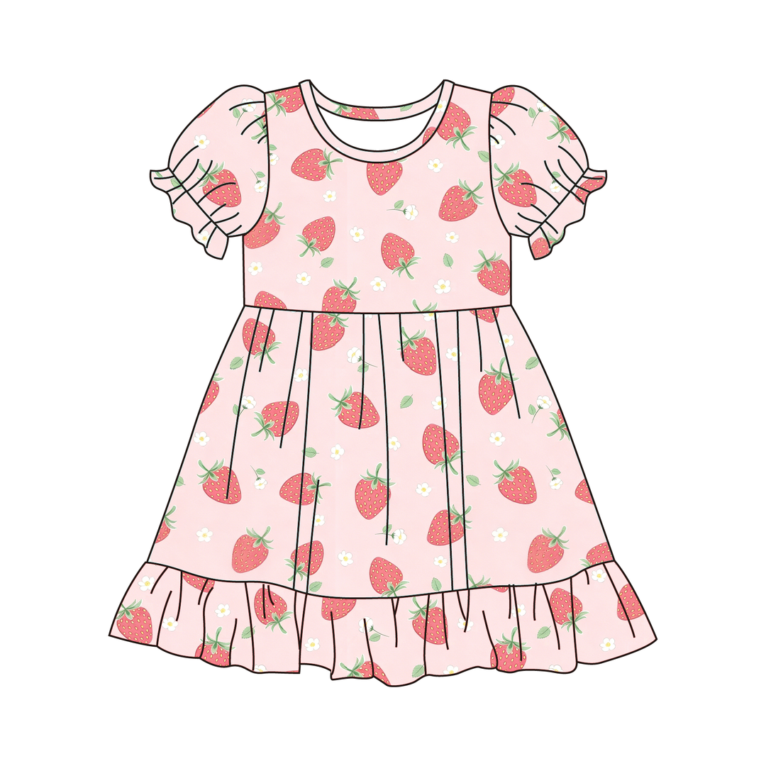 Girls sweet strawberry printed puff sleeve twirl princess dress