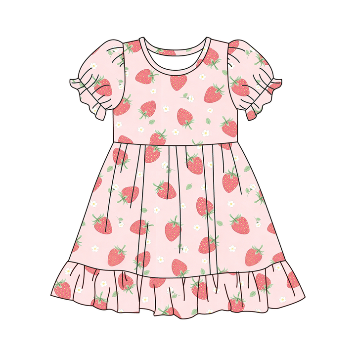 Girls sweet strawberry printed puff sleeve twirl princess dress
