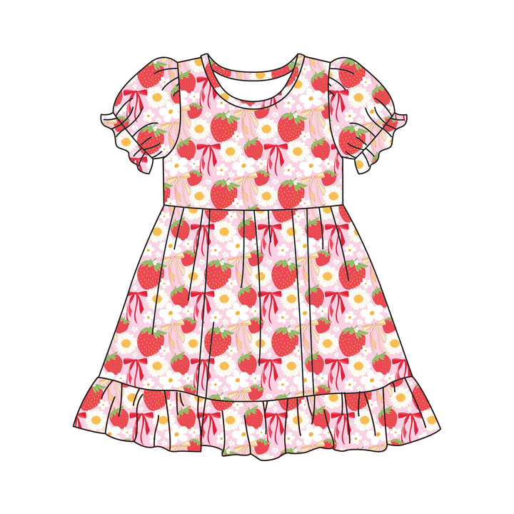 Girls sweet strawberry printed puff sleeve twirl princess dress