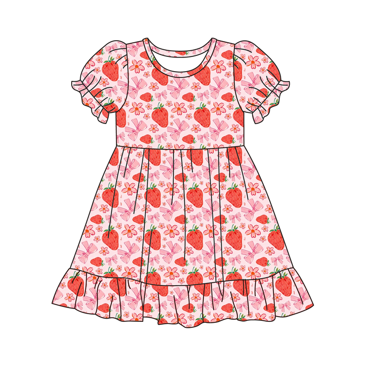 Girls sweet strawberry printed puff sleeve twirl princess dress