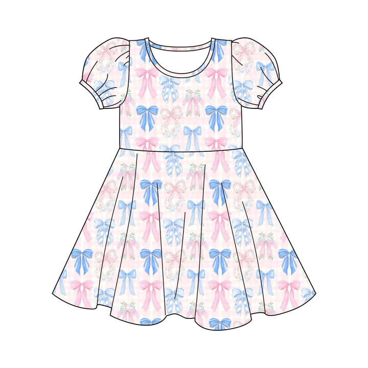 Girls cute floral printed puff sleeve twirl princess dress