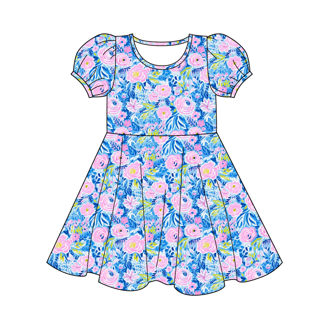 Girls cute floral printed puff sleeve twirl princess dress