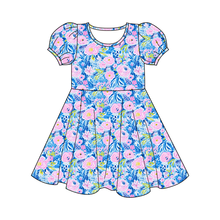 Girls cute floral printed puff sleeve twirl princess dress