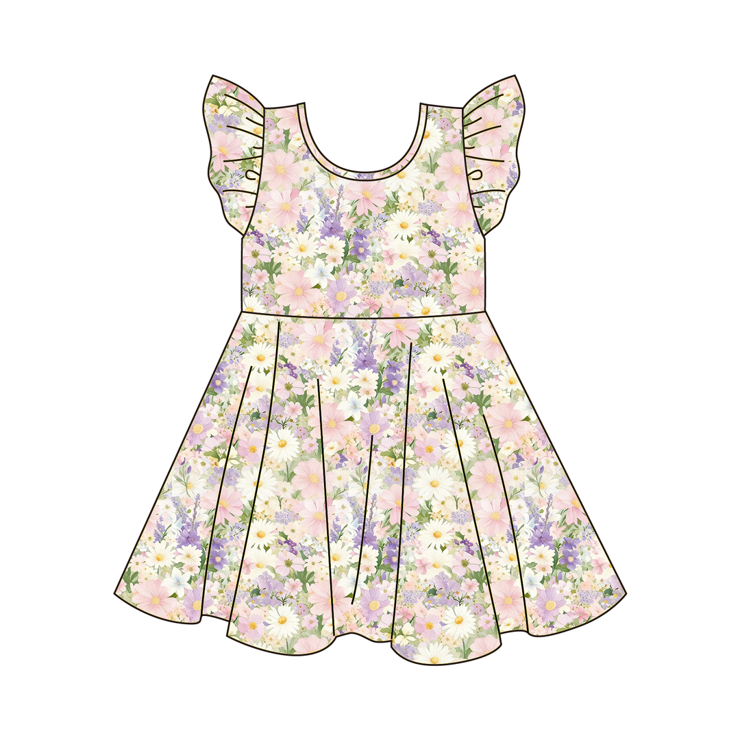 Girls floral printed flutter sleeve twirl dress