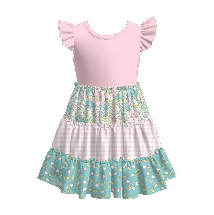 Girls Color-blocked splicing ruffle dress