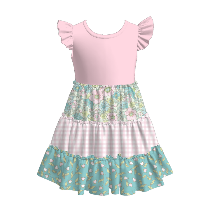 Girls Color-blocked splicing ruffle dress