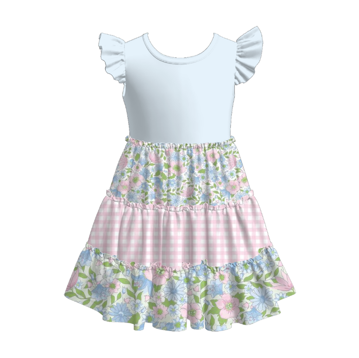 Girls Color-blocked splicing ruffle dress