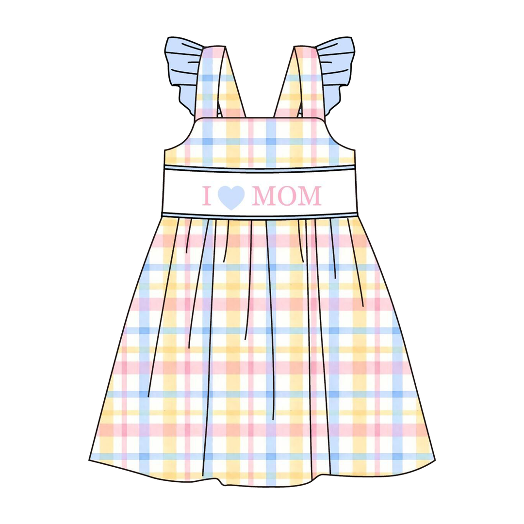 Candy-colored plaid “I LOVE MOM” embroidered sibling outfits