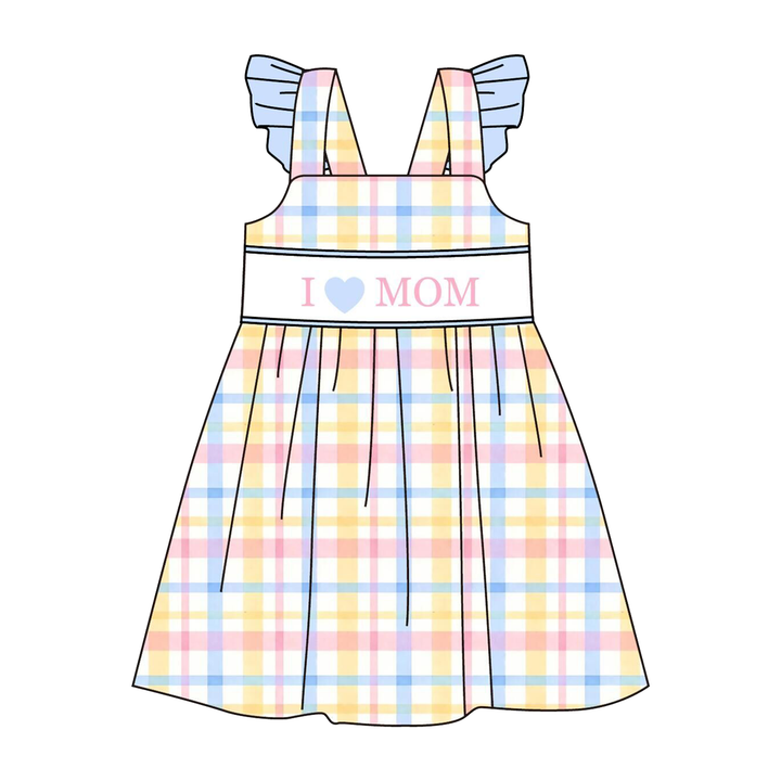 Candy-colored plaid “I LOVE MOM” embroidered sibling outfits