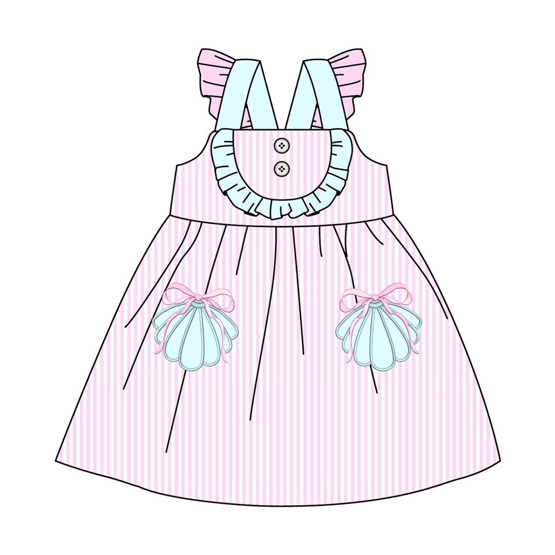 Pink&teal shell embroidery applique sibling outfits for summer