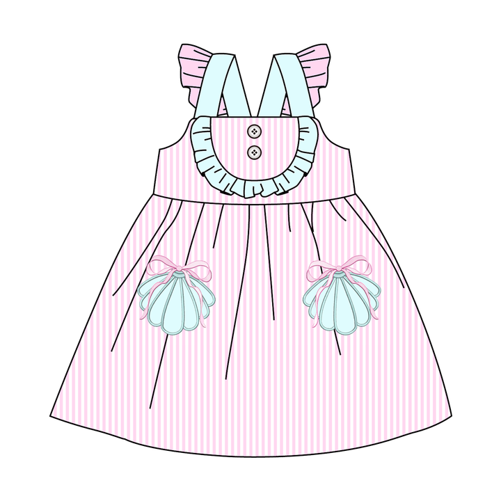 Pink&teal shell embroidery applique sibling outfits for summer