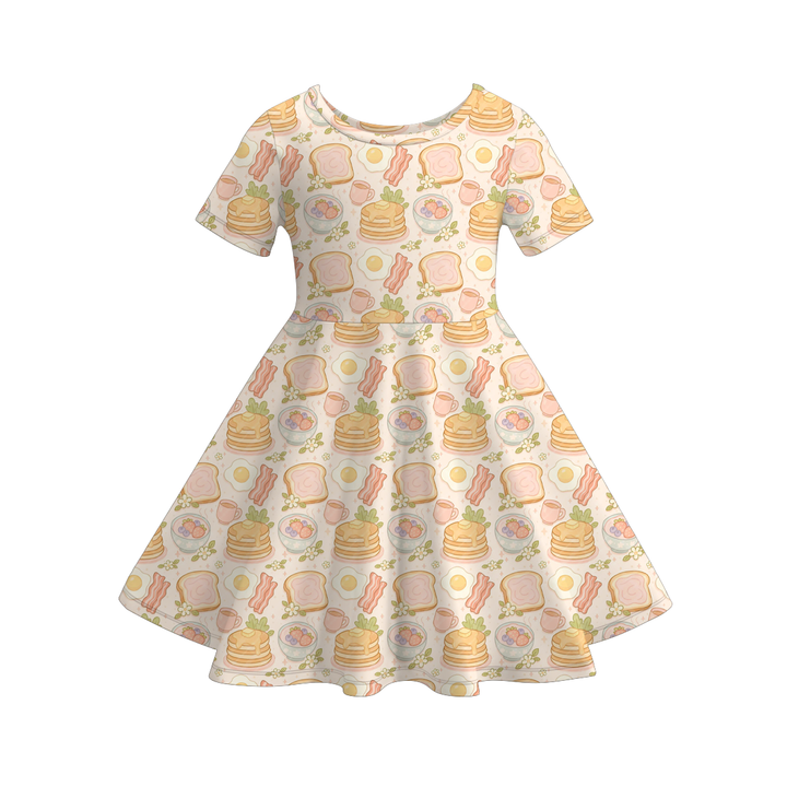 Fun Childlike bread fries printed twirl dress for girls