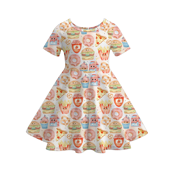 Fun Childlike bread fries printed twirl dress for girls