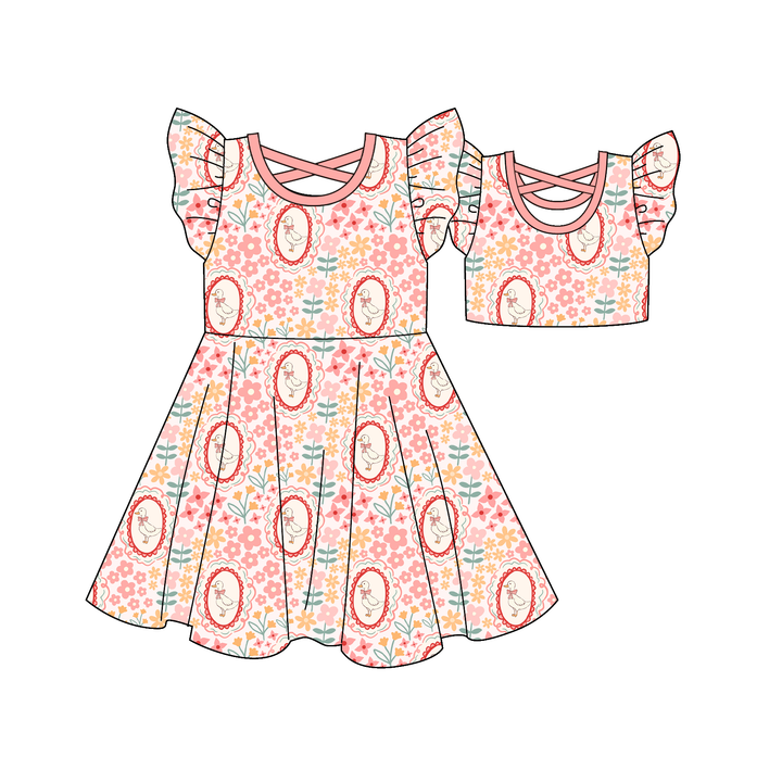 Girls' peach floral goose printed summer sibling outfits