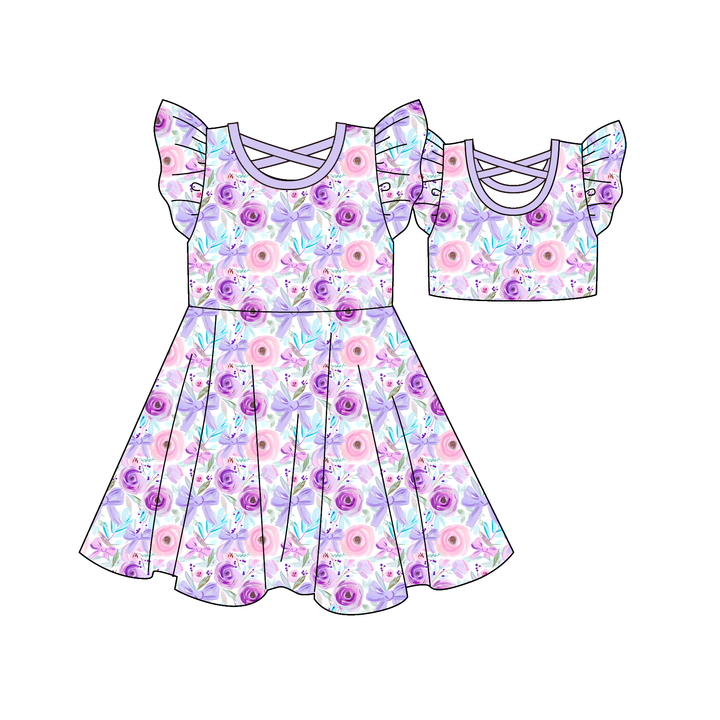 Girls' purple floral printed ruffle dress summer sibling outfits
