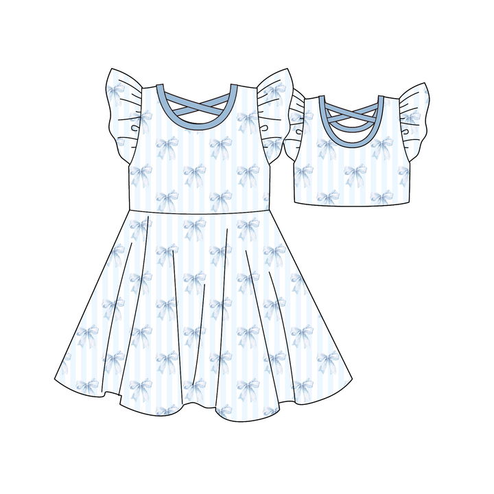 Girls' blue bow printed ruffle dress summer sibling outfits