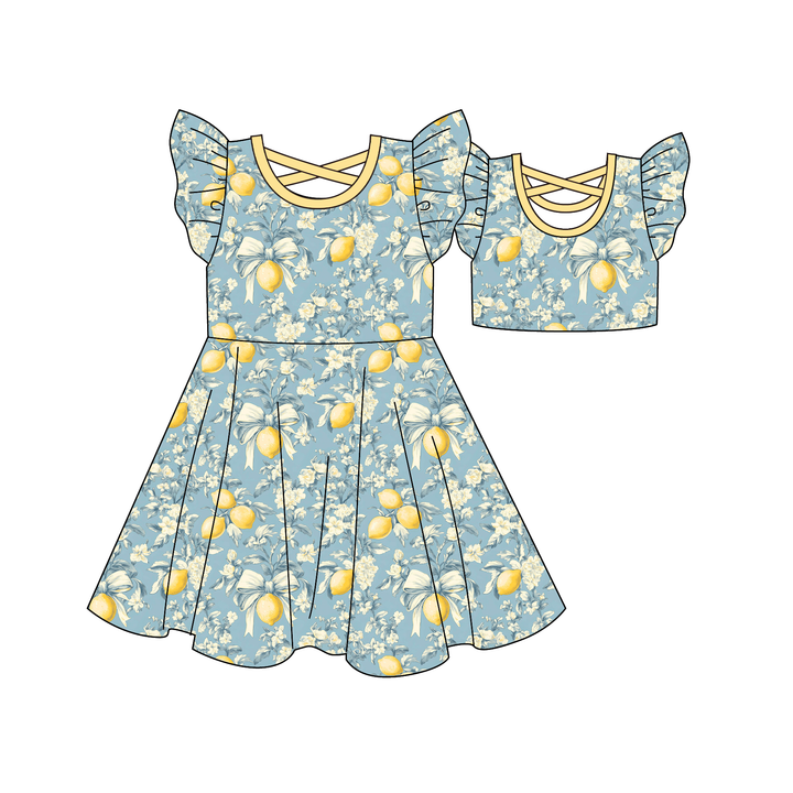 Girls' floral lemon printed ruffle dress sibling outfits