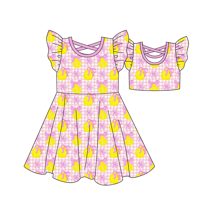 Girls' pink bow lemon printed ruffle dress sibling outfits