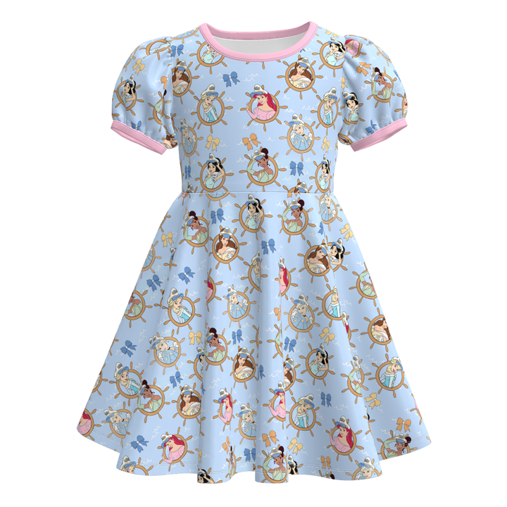 Girls' princess navy themed printed summer dress sibling outfits