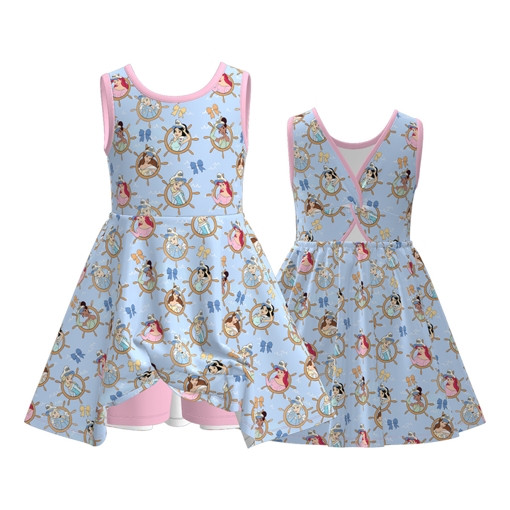 Girls' princess navy themed printed summer dress sibling outfits