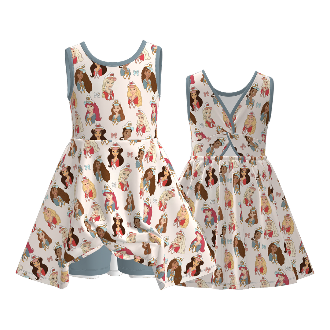 Girls' princess navy themed printed summer dress sibling outfits