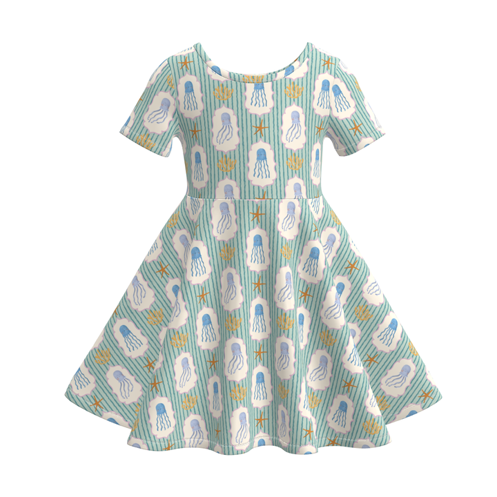Girls short sleeved marine theme twirly dress for summer