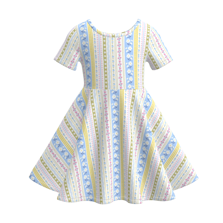 Girls short sleeved  Pastoral floral twirly dress for summer