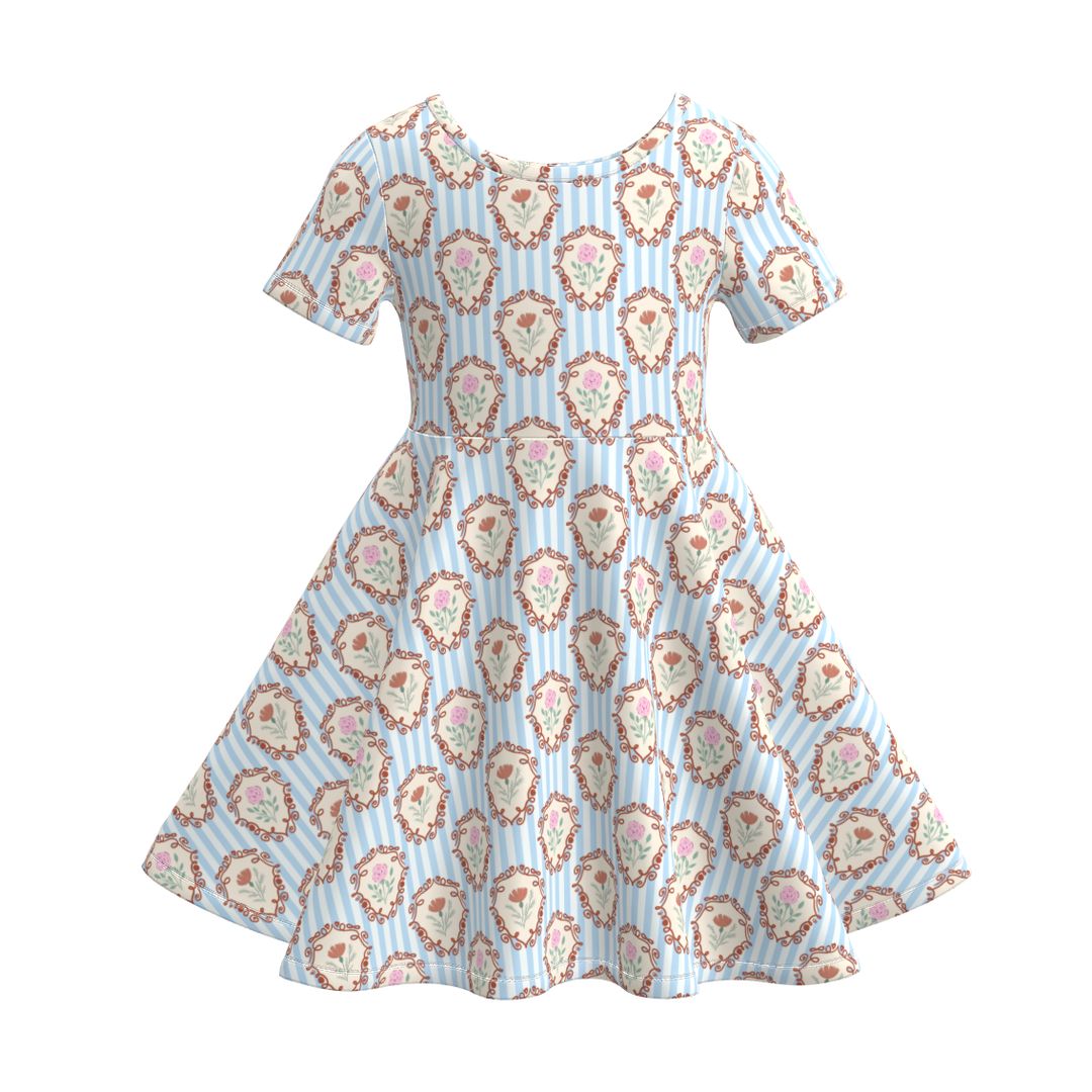 Girls short sleeved  Pastoral floral twirly dress for summer
