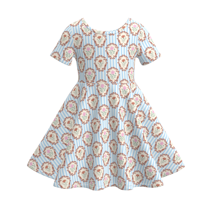 Girls short sleeved  Pastoral floral twirly dress for summer