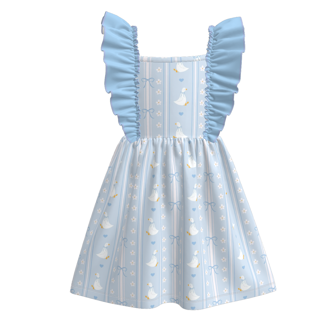 Girls' Cute goose printed floral ruffle dress sibling outfits