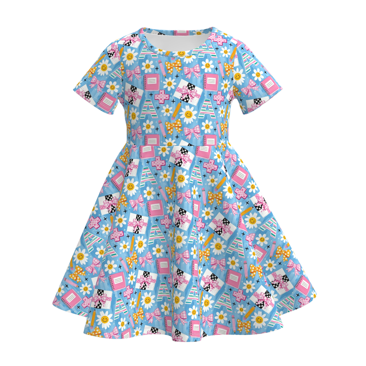 Back To School Girls short sleeved printed twirly dress