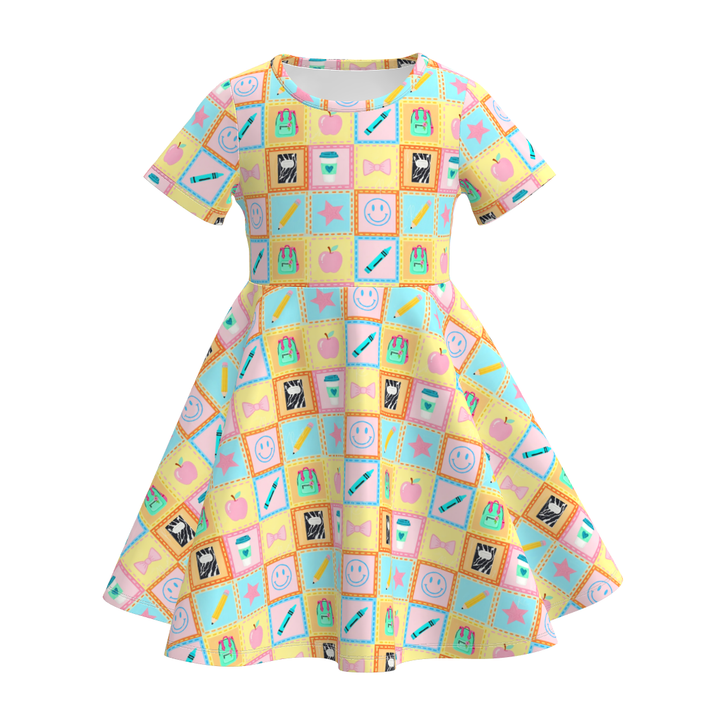 Back To School Girls short sleeved printed twirly dress