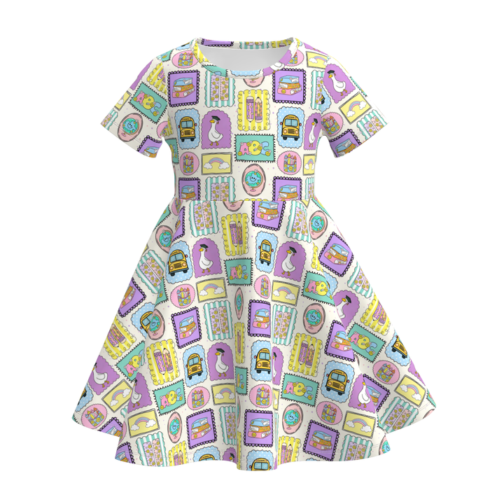 Back To School Girls short sleeved printed twirly dress