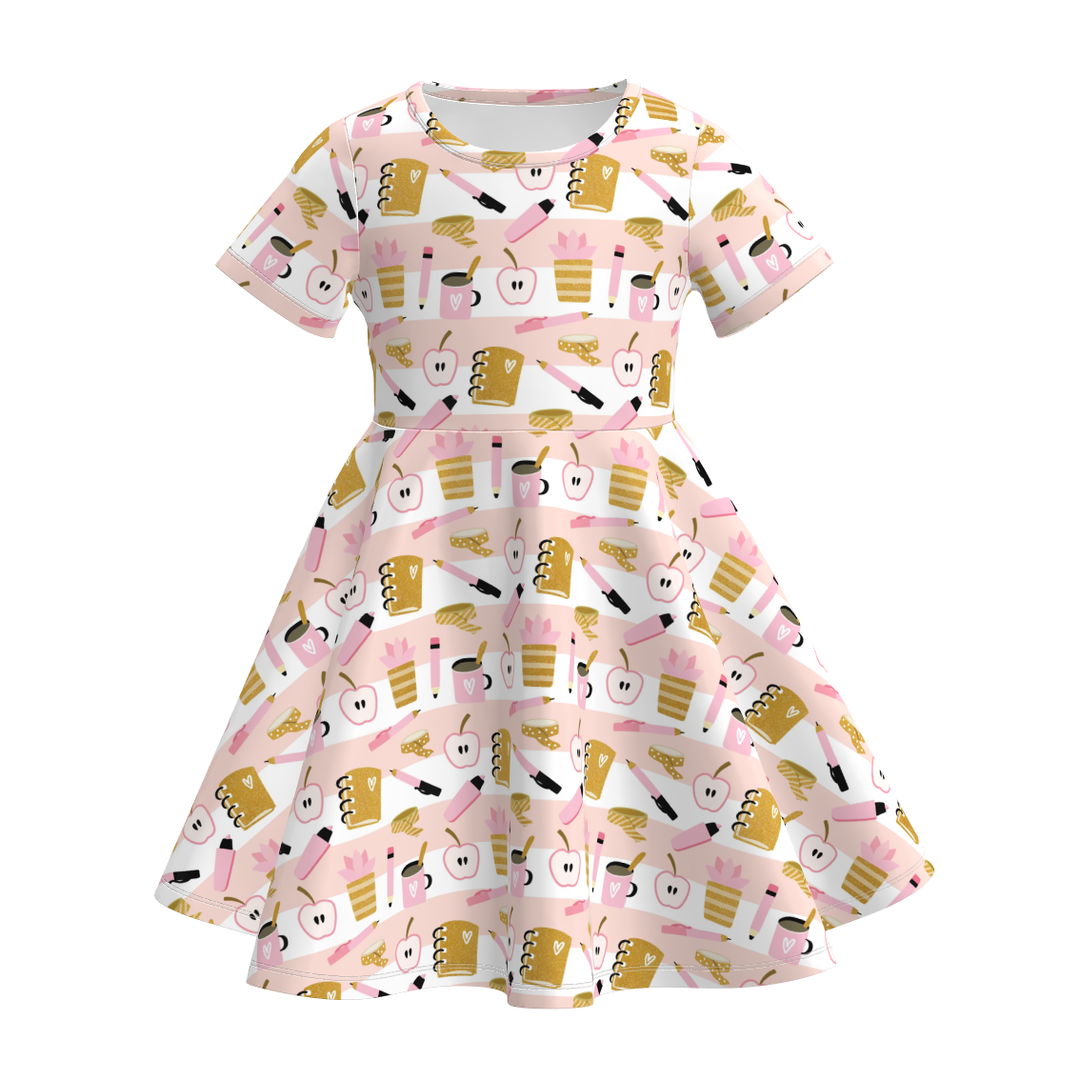 Back To School Girls short sleeved printed twirly dress
