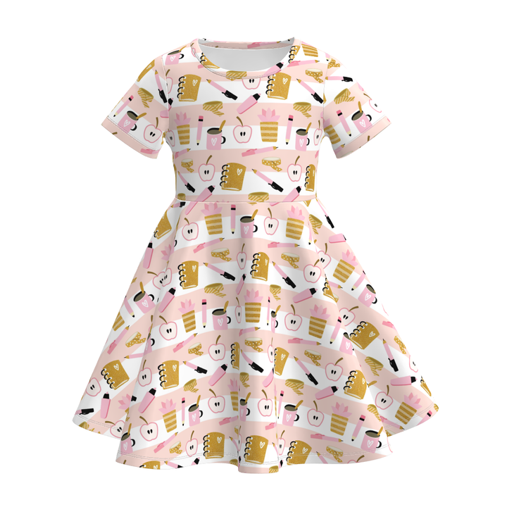 Back To School Girls short sleeved printed twirly dress