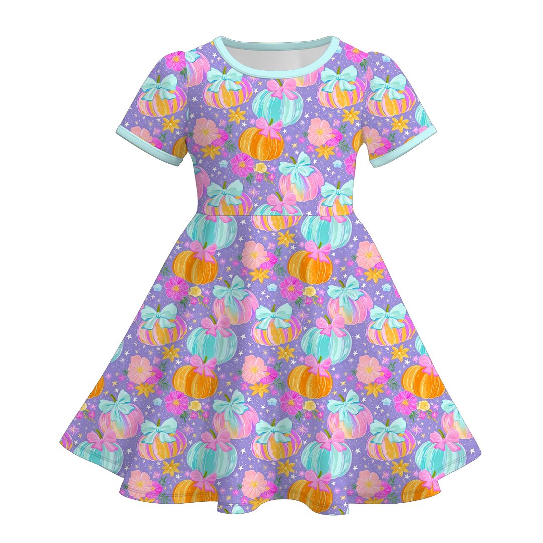 Girls Halloween colorful pumpkin twirl ruffle dress