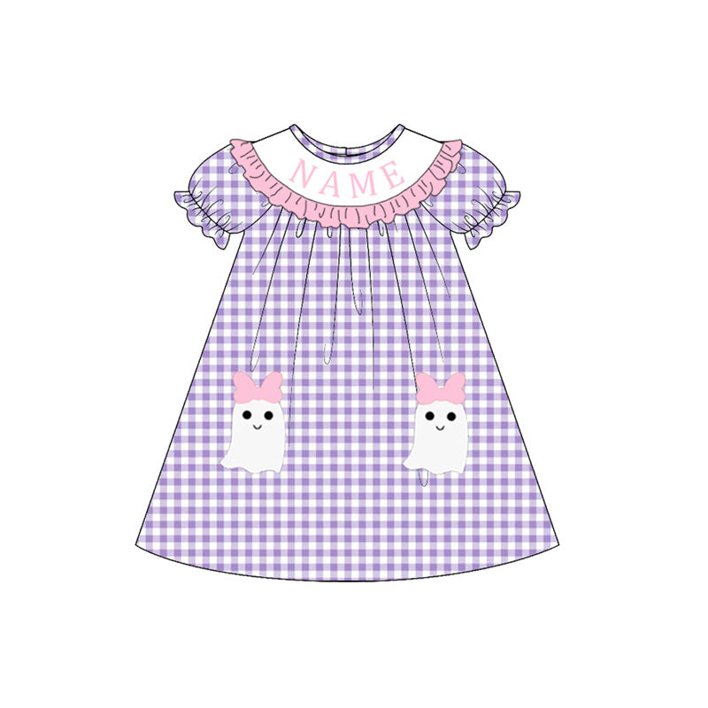 Custom Embroidered Name-Halloween Purple Plaid Ghost Dress Romper