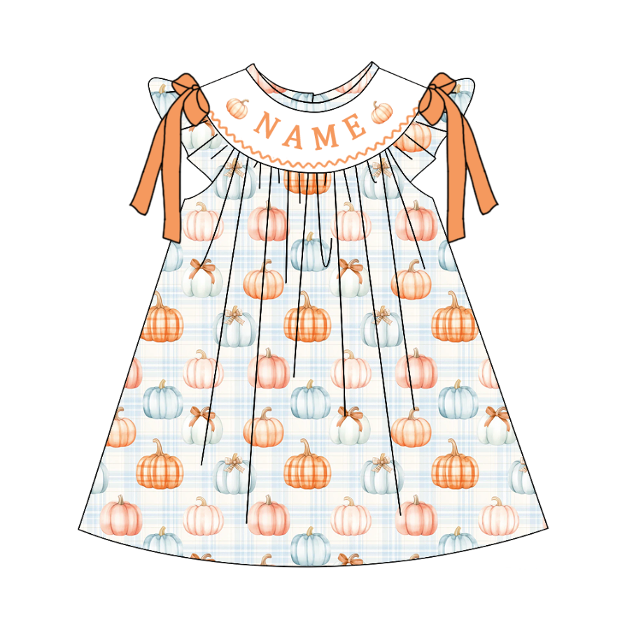 Custom Embroidered Name-Pastel Pumpkin Bow Dress Romper