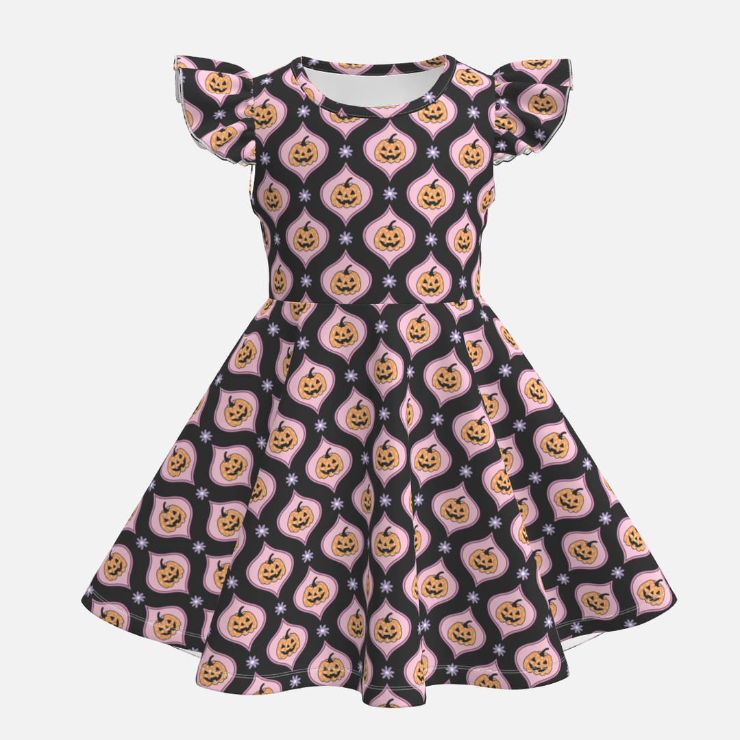 Girls Halloween evil pumpkin printed twirl ruffle dress