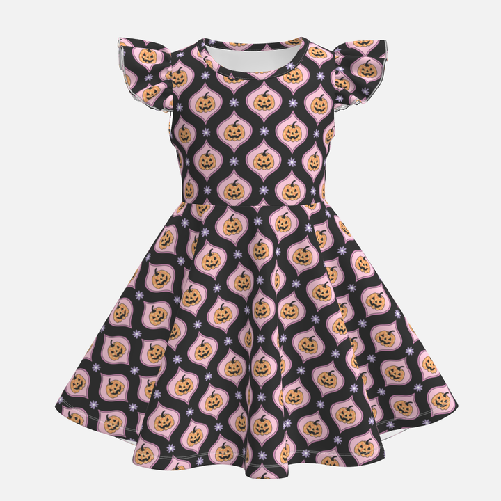 Girls Halloween evil pumpkin printed twirl ruffle dress