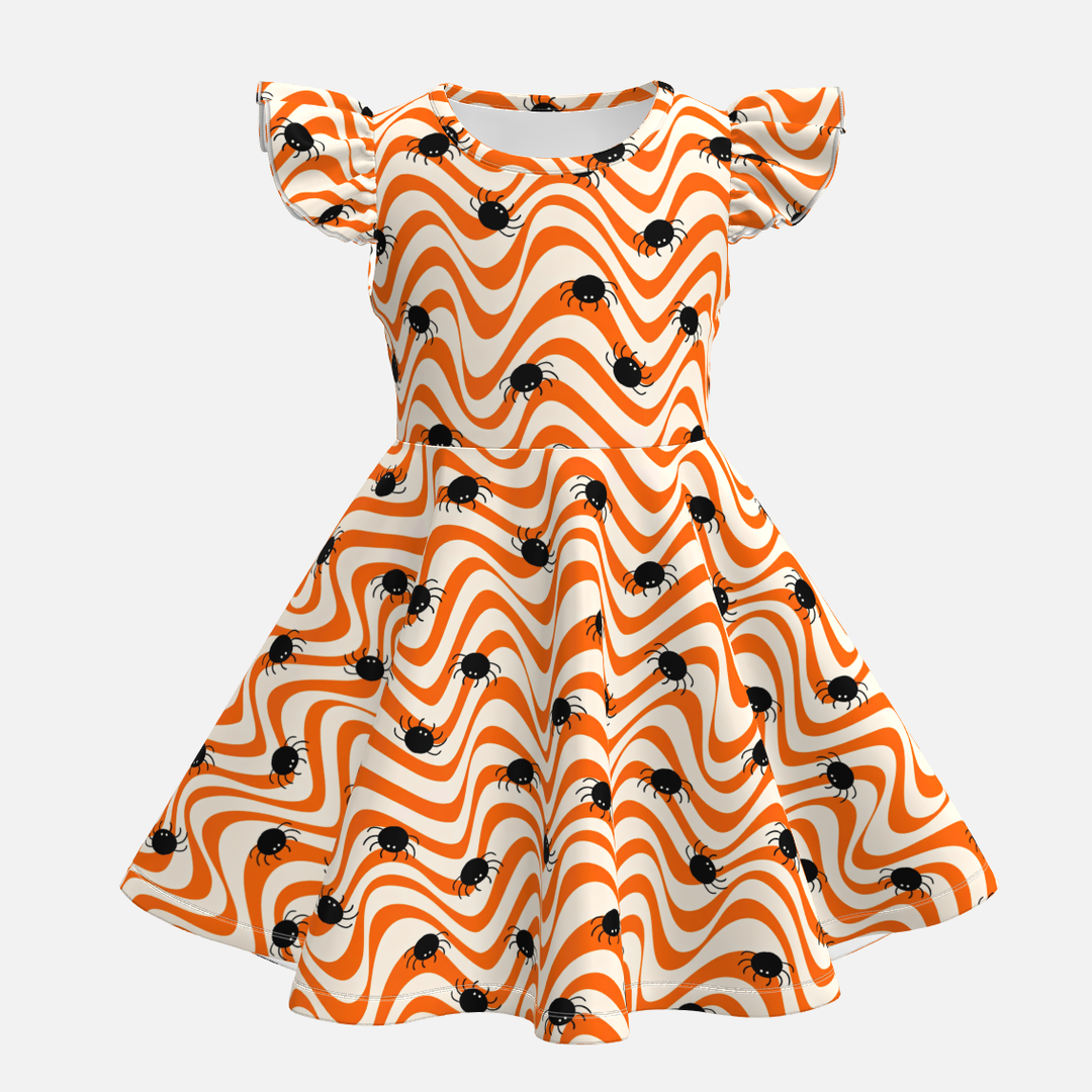 Girls Halloween evil pumpkin printed twirl ruffle dress