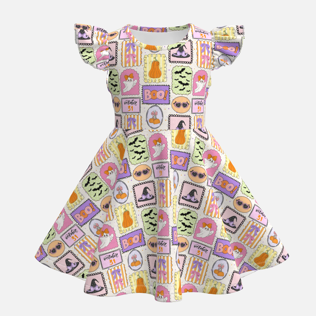 Girls Halloween evil pumpkin printed twirl ruffle dress
