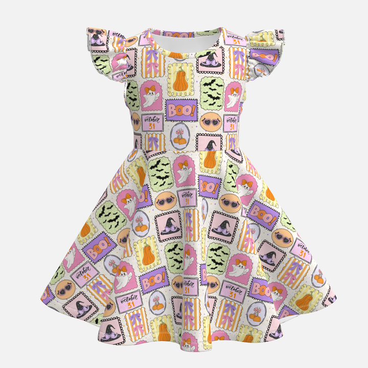 Girls Halloween evil pumpkin printed twirl ruffle dress