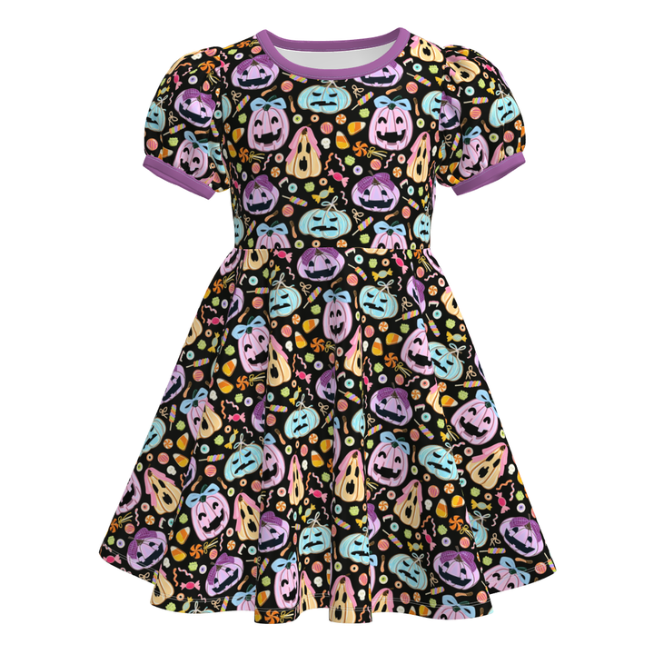 Girls Halloween evil pumpkin printed twirl ruffle dress