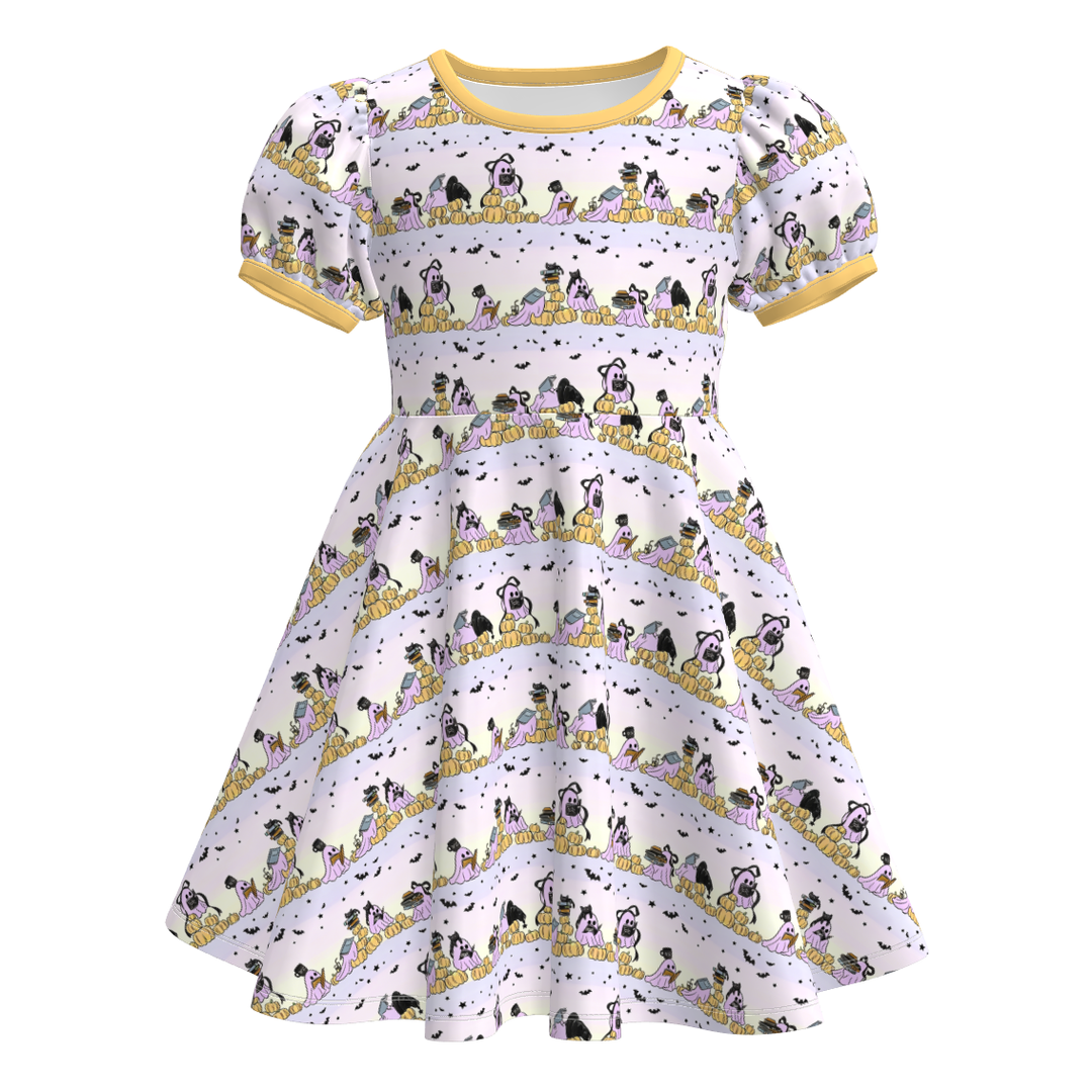 Girls Halloween evil pumpkin printed twirl ruffle dress